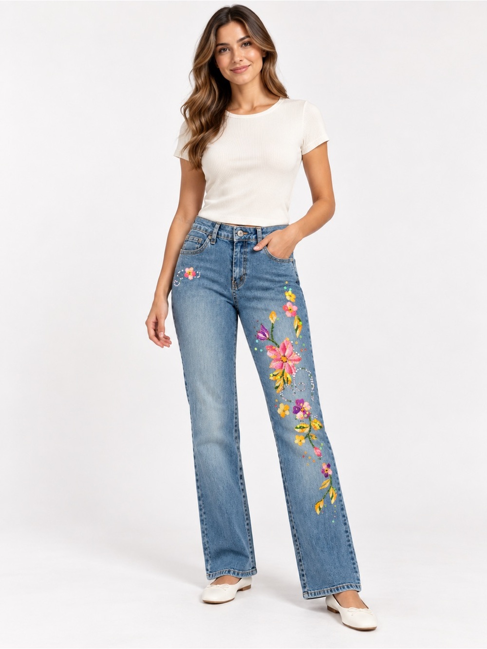 Vintage Y2K Angels Jeanswear Floral Embroidered Sequins Jeans Blue Denim Size 8P